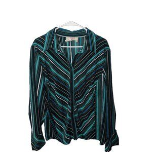 DCC woman stretch button up top shirt plus size 3X collar red stripped L/S